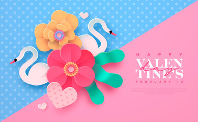 Wall Mural - Valentine's Day paper cut pink flower swan card