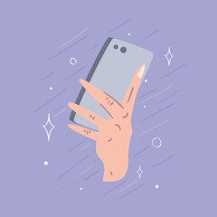 Fototapete - Hand holding smartphone on purple background vector design