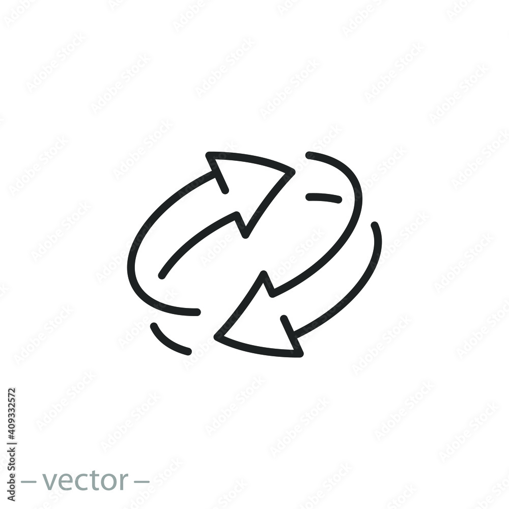 two arrow spin icon, recycle round, circle refresh or restart, thin line symbol on white background - editable stroke vector illustration eps10 - obrazy, fototapety, plakaty 
