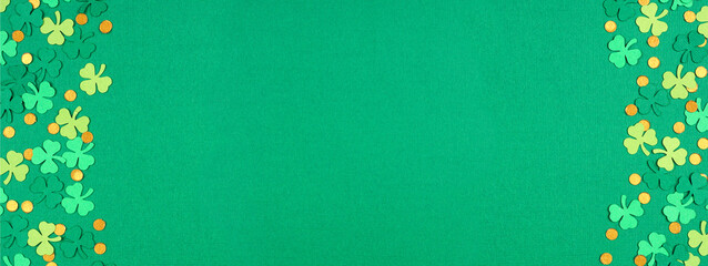 Poster - St Patricks Day green background with shamrock and gold coin confetti double border. Top view banner with copy space.