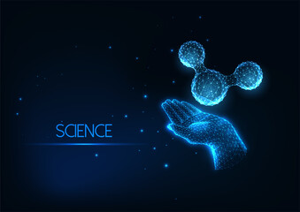 Wall Mural - Futuristic scientific research concept with glowing low polygonal human hand and molecule