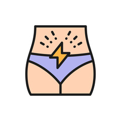 Sticker - Menstrual pain, abdominal pain flat color line icon.