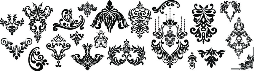 Wall Mural - Set Vintage baroque frame scroll ornament engraving border floral retro pattern antique style acanthus foliage swirl decorative design element filigree calligraphy.