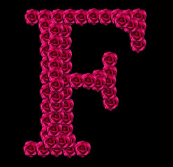 romantic concept image of a capital letter F made of red roses. Isolated on black background. Design element for love or valentines themes