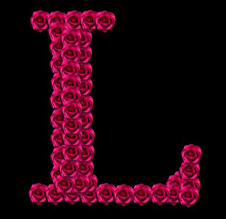 romantic concept image of a capital letter L made of red roses. Isolated on black background. Design element for love or valentines themes