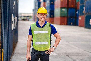 Wall Mural - Professional engineer container cargo foreman in helmets working standing and using walkie talkie checking stock into container for loading.logistic and business export