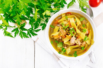 Poster - Soup with mung and noodles in bowl on light board top