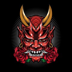 Wall Mural - scary oni mask with rose vector