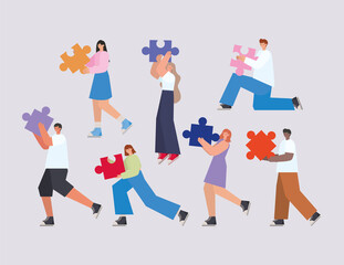 Sticker - group of people with puzzle pieces on a gray background