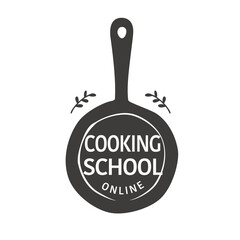 Hand drawn flying pan illustration, logo design for online cooking school