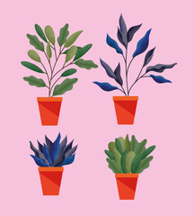 Wall Mural - set of plant with leaves in a pot