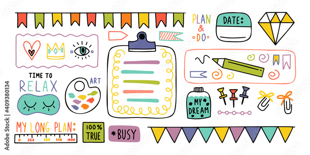 Diary elements. Hand drawn doodles bullet journal banners and elements ...