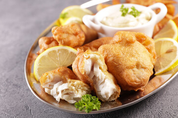 Wall Mural - breaded fish, french fries and dipping sauce- fish and chips