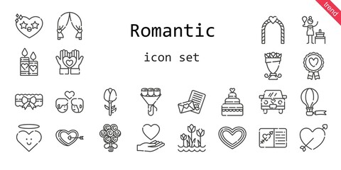 Wall Mural - romantic icon set. line icon style. romantic related icons such as love, couple, garter, birch, bouquet, candles, favourite, heart, wedding car, cupid, hot air balloon, wedding cake, tulips