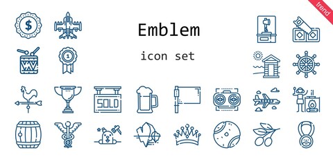 emblem icon set. line icon style. emblem related icons such as barrel, sold, flag, tennis ball, saw, cabin, label, axe, vision, phantom, olive, airplane, rudder, medal, 