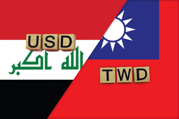 Iraq and Taiwan currencies codes on national flags background