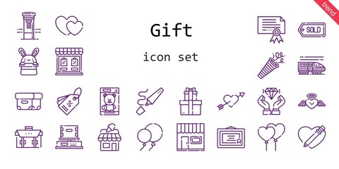 Fototapete - gift icon set. line icon style. gift related icons such as confetti, shop, balloons, briefcase, certificate, box, store, heart, cupid, diamond, mailbox, highlighter, hearts