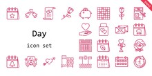 Day Icon Set. Line Icon Style. Day Related Icons Such As Calendar, Love, Wedding Gift, Tax, Clock, Wedding Car, Cupid, Teacher, Love Birds, Marriage, Beach, Tic Tac Toe, Love Letter, Rose, Savings,
