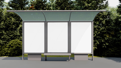 Bus station mockup with 3 empty spaces. 3d rendered realistic illustration