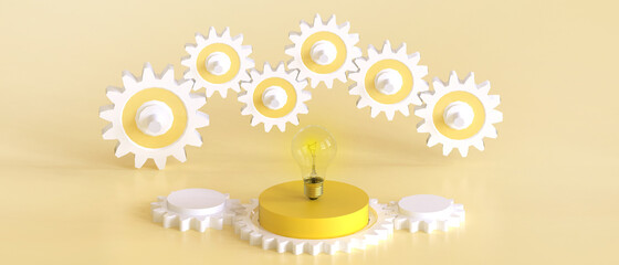 Poster - Creative idea Bulb light and Gear Groups with inspiration success concept on Yellow background.design for banner,copy Space,motivation - 3d rendering