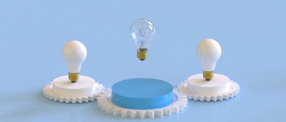 Poster - Creative idea Bulb light and Gear podium with success Leadership concept on Blue background.copy Space,motivation, banner,Target - 3d rendering