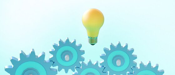 Poster - Creative idea Bulb Yellow and Gear with unity Business Concepts on Green background. copy Space,motivation, banner,minimal style - 3d rendering