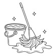 Simple mop and bucket of water, black and white Line art vector illustration