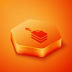 Aufkleber - Isometric Data export icon isolated on orange background. Orange hexagon button. Vector.