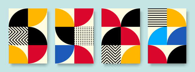 Poster - Set of cover and poster design template. Trendy abstract colorful geometric shape in bauhaus design for wallpaper, fabric print, poster, social media story, branding and page layout design.