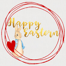 Happy Eastern Bunny With Red Heart Wreath