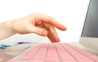 Woman hands typing on computer keyboard closeup, businesswoman or student using laptop panoramic banner, online learning, internet marketing and freelance work concept