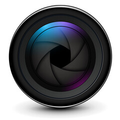 Poster - Camera photo lens 3D with shutter inside realistic icon, vector illustration.