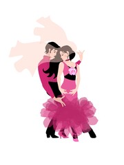 Wall Mural - Young caucasian people in love dancing tango isolated on white background.