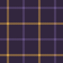Tattersall Pattern Autumn In Purple And Gold Yellow. Herringbone Textured Seamless Windowpane Tartan Dark Check Plaid Graphic For Scarf, Blanket, Skirt, Or Other Modern Fashion Textile Design.