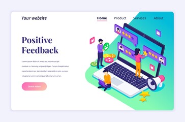 Poster - Isometric landing page design concept of Customer reviews concept, People giving stars rating, review and positive feedback. Customer Service and User Experience. vector illustration