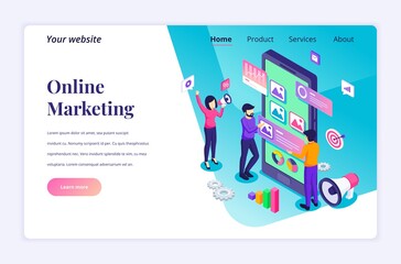 Fototapete - Isometric landing page design concept of Digital marketing, people characters work near a giant smartphone and content text place. vector illustration