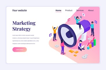 Poster - isometric landing page design concept of marketing strategy campaign, people holding and shout on th
