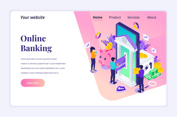 Poster - Modern flat isometric design concept of Online Banking with characters. electronic payment for website and mobile website. Landing page template. vector illustration