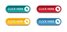 Click Here Button With Arrow Pointer Clicking Icon. Click Here Vector Web Button. Web Button With Action Of Arrow Pointer. Click Here, UI Button Concept. Vector Illustration
