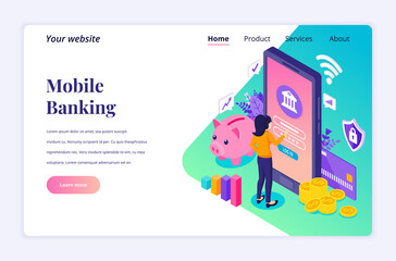 Poster - Modern flat isometric design concept of Online Banking with characters. electronic mobile payment for website and mobile website. Landing page template. vector illustration