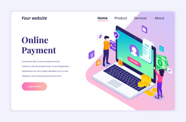 Poster - Modern flat isometric design concept of Online Payment, money transfer. People are making an online transaction for website and mobile website. Landing page template. vector illustration