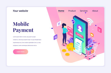 Poster - Modern flat isometric design concept of Online Payment, money transfer. A young woman is making an online transaction for website and mobile website. Landing page template. vector illustration