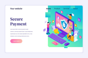 Poster - Modern flat isometric design concept of Secure Payment, money transfer protection with characters for website and mobile website. Landing page template. vector illustration