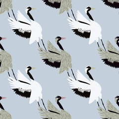  Cartoon animal seamless pattern with hand drawn crane bird print. Light blue background. Chinese design.