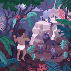 Wall Mural - Mowgli In Jungle Composition