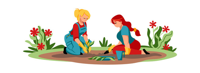 Cartoon agricultural workers. Cute women planting seedlings. Young gardeners taking care of plants. Isolated people working in garden. Farmers growing flowers or vegetables. Vector illustration