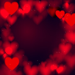Poster - Abstract red hearts bokeh glitter lights background. defocused. Valentines love banner for Wedding greeting card. Vector illustration