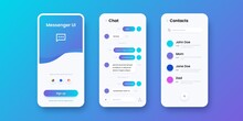 Chat App. Smartphone Messenger. Communication Application UI Template With Sign In, Messaging And Contacts Screens. Collection Of Mobile Interfaces Design With Buttons, Vector Modern Phones Set