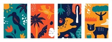 Cute Abstract Posters. Minimal Trendy Vertical Scribble Banners With Colorful Hand Drawn Shapes, Exotic Birds, Cartoon Animals And Tropical Floral Elements. Vector Doodle Isolated Contemporary Set