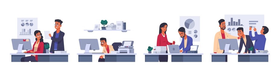 Fototapete - Cartoon businessmen. Happy office workers with laptop in different situations. Smiling men and women working and talking with colleagues. Isolated modern workspaces. Business communication, vector set
